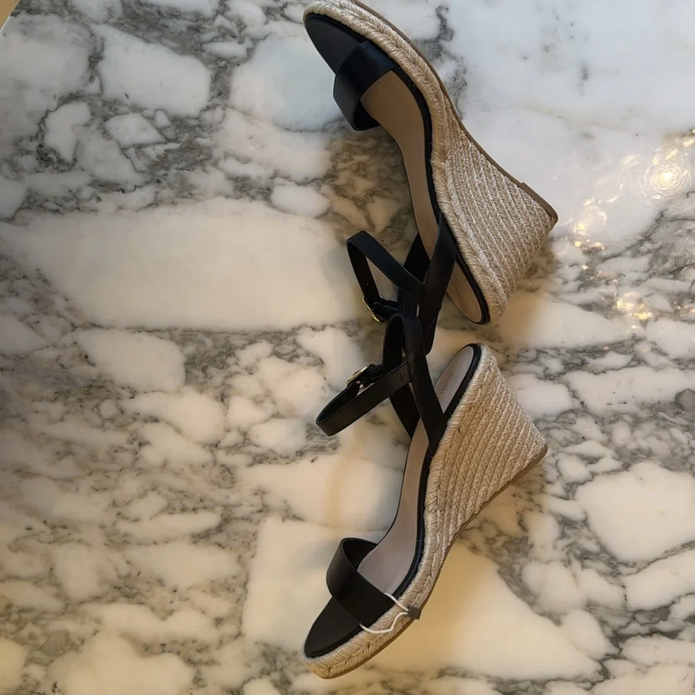 NIB Stuart Weitzman Teddi espadrille wedge sandals heels black leather 11.5